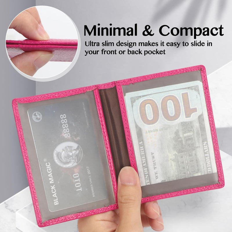 Unaone Slim Minimalist Wallet - Premium Leather RFID Blocking Front Pocket Wallets with 8 Card Slots and 2 ID Window, Rose Red - Image 5